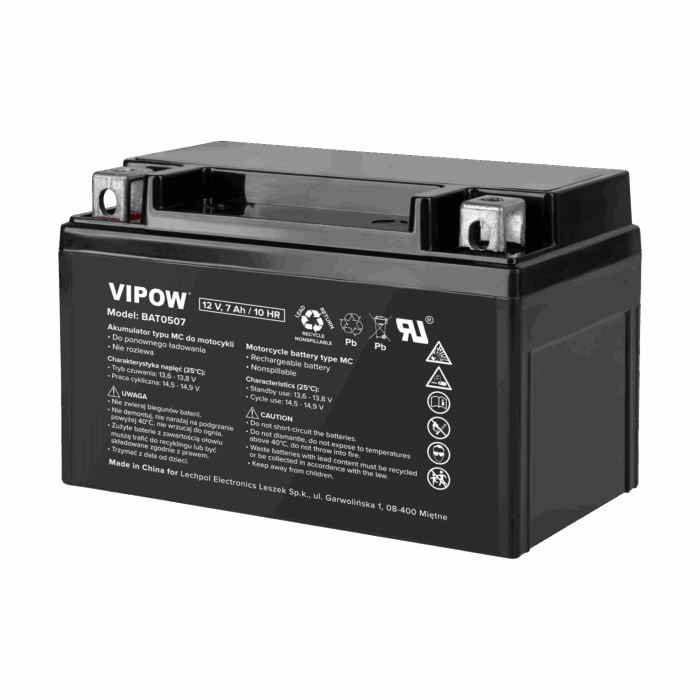 Акумулятор Vipow BAT0507 типу MC для мотоциклів 12V 7Ah - Зображення 2