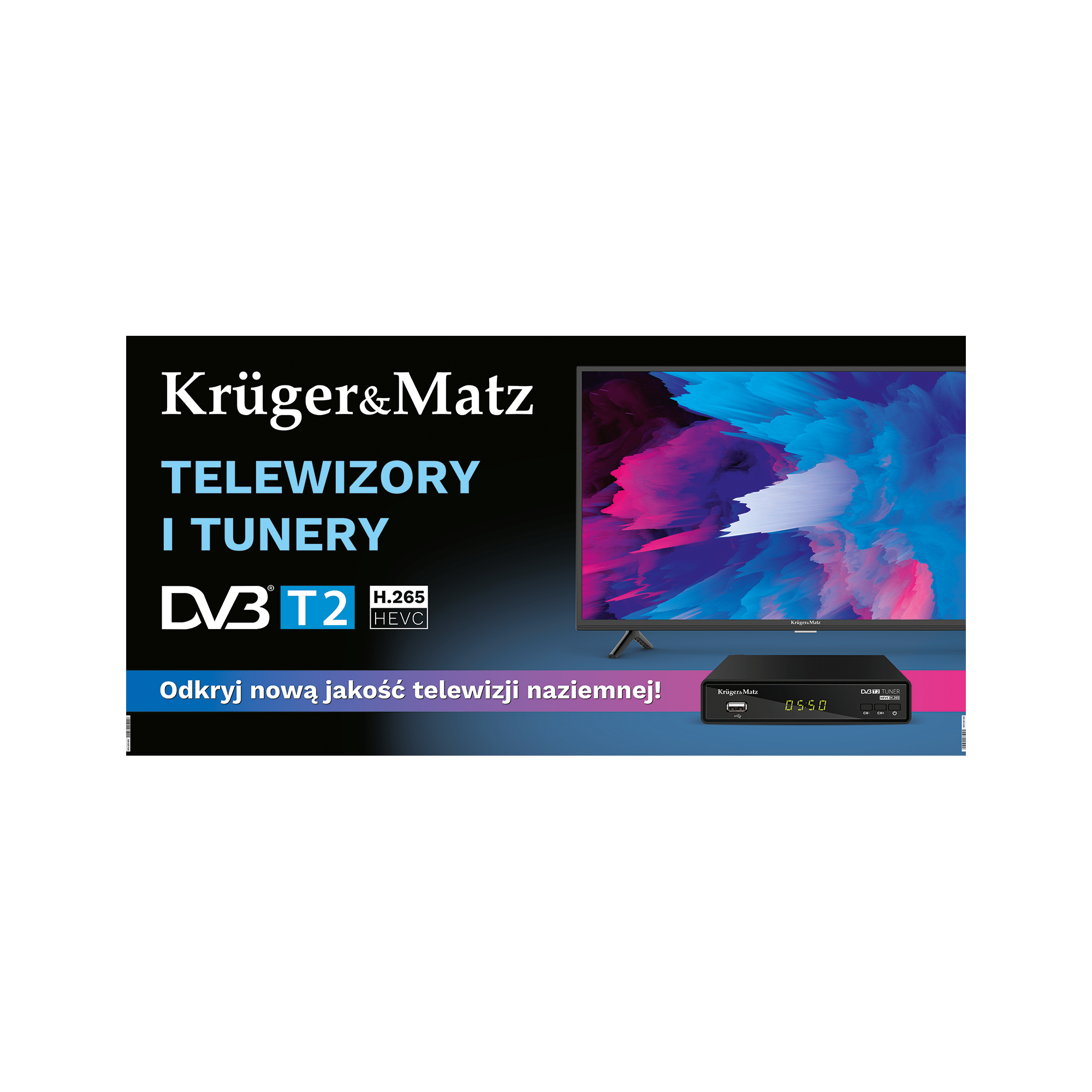 Банер Kruger&Matz - Телевізори та DVB-T2 тюнери (200 x 100 см) Банер Kruger&Matz MR-KM-105 Телевізори та DVB-T2 тюнери (200 x 100 см)