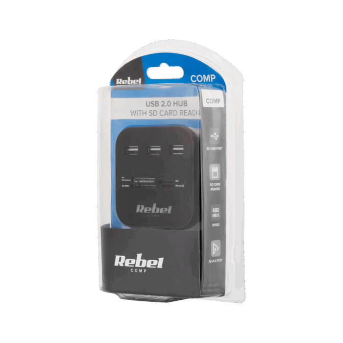 3-портовий Rebel KOM1020 USB 2.0 концентратор зі зчитувачем карт пам'яті - Зображення 3