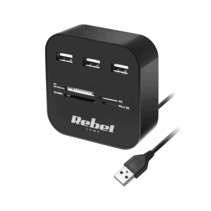 3-портовий Rebel KOM1020 USB 2.0 концентратор зі зчитувачем карт пам'яті - Зображення 2