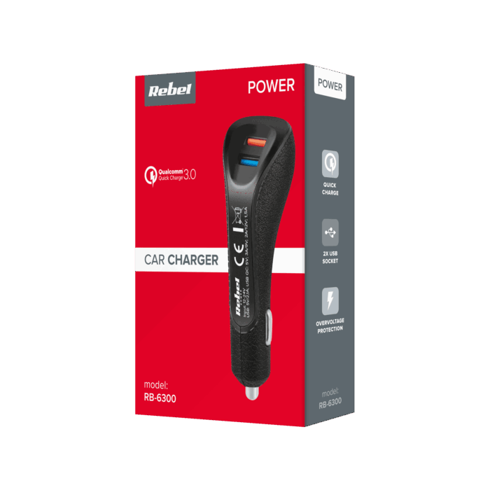 Автомобільний зарядний пристрій Rebel RB-6300 2xUSB 5100mA 15W з функцією швидкої зарядки Quick Charge 3.0 - Зображення 3