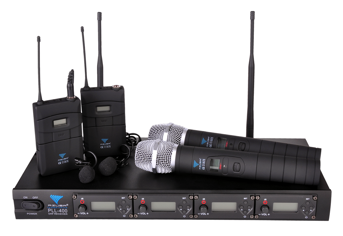 PLL-400 UHF мікрофон 4 канали (2 ручних + 2 на кліпсі) PLL-400 Azusa MIK0116 UHF мікрофон 4 канали (2 ручних + 2 на кліпсі)