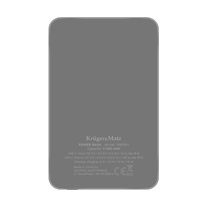 Індуктивний зарядний Krüger&matz KM0911 пристрій POWERBANK 5000 mAh магнітний сірий - Зображення 4