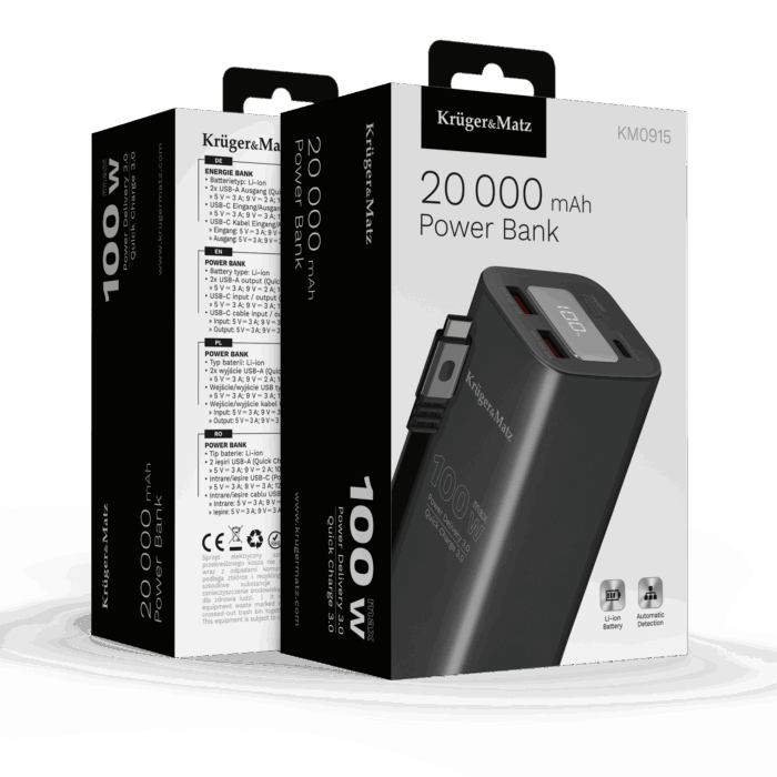 Зовнішній акумулятор PowerBank 20000 мАг, літій-іонний, Krüger&matz KM0915 100 Вт з функцією контролю якості та розрядження (PD) - Зображення 8