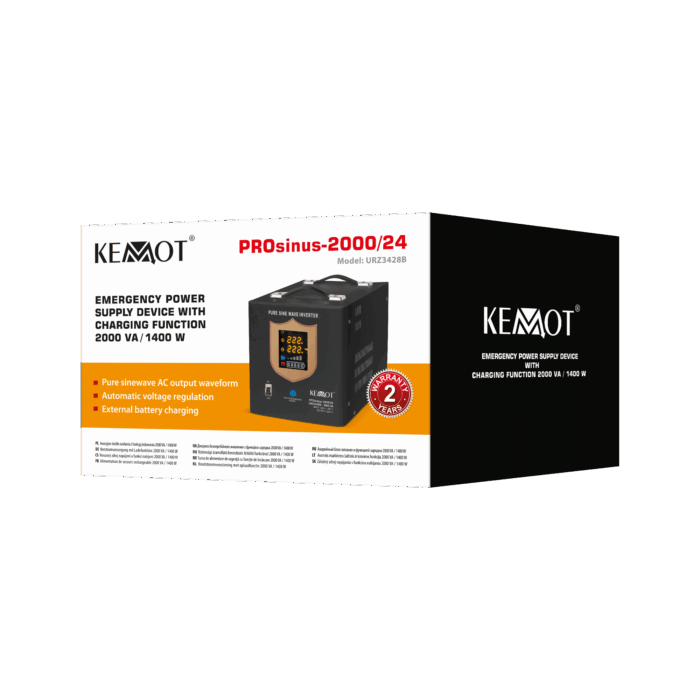 Аварійний блок живлення Kemot URZ3428B PROsinus-2000/24, перетворювач чистої синусоїди з функцією зарядки 24V 230V 2000VA/1400W - чорний - Зображення 4