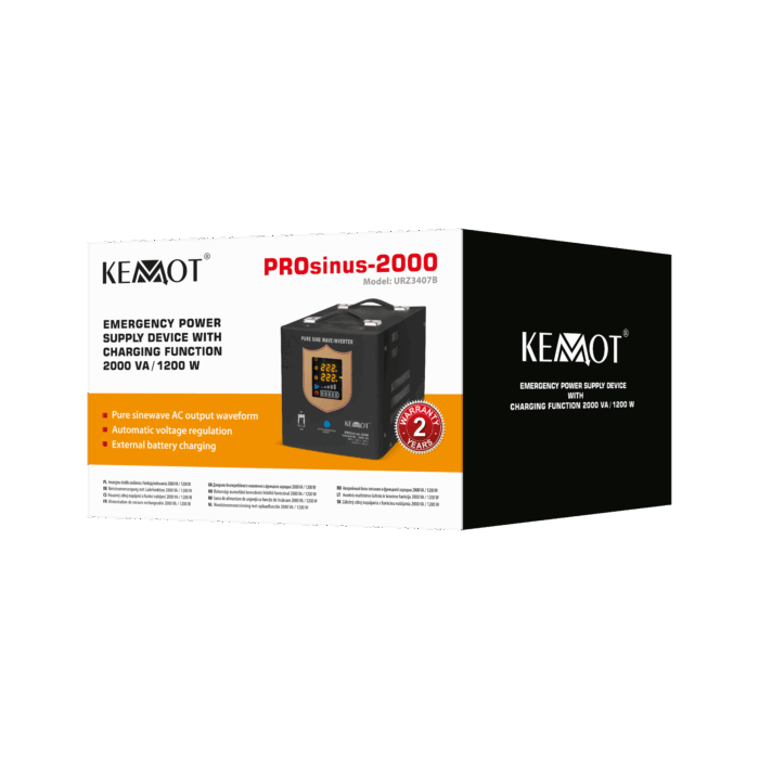 Аварійний блок живлення Kemot URZ3407B PROsinus-2000, перетворювач чистої синусоїди з функцією заряджання 12V 230V 2000VA/1200W - чорний - Зображення 4