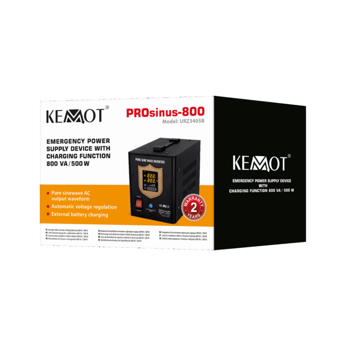 Аварійний блок живлення Kemot URZ3405B PROsinus-800, перетворювач чистої синусоїди з функцією заряджання, 12V 230V 800VA/500W - чорний - Зображення 4