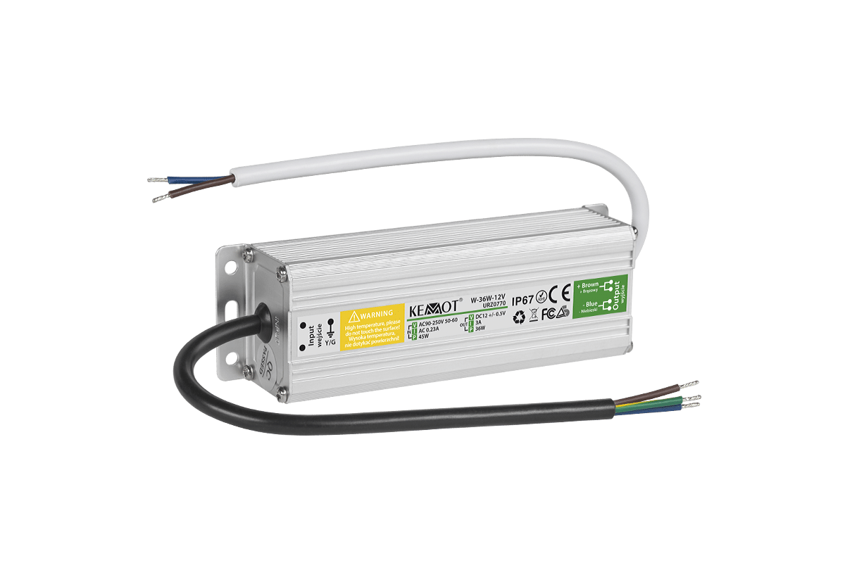 Блок живлення для діодної гірлянди W-36W-12V 3A IP67 Блок живлення для діодної гірлянди W-36W-12V Kemot URZ0770 3A IP67