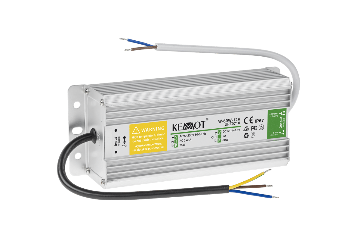 Блок живлення для діодної гірлянди W-60W-12V 5A IP67 Блок живлення для діодної гірлянди W-60W-12V Kemot URZ0710 5A IP67